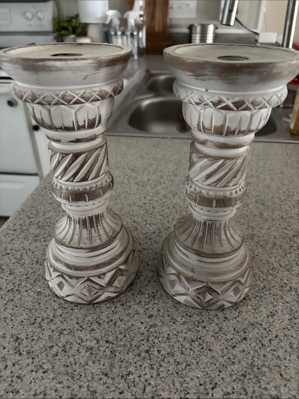 Hobby Lobby White and Brown Distressed Carved Wooden Candlesticks Pair